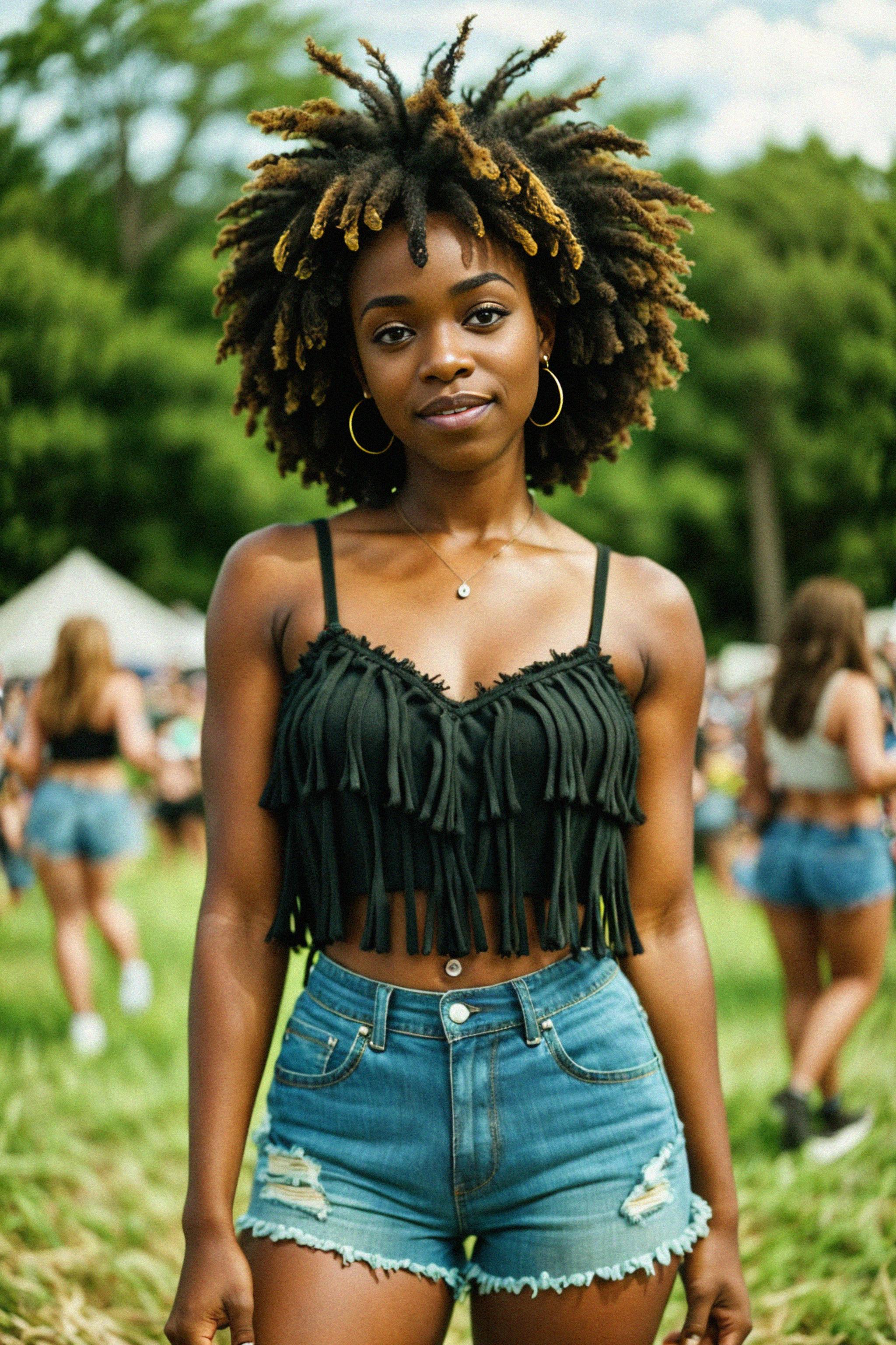 A woman in a fringed crop top and high waisted shorts embodying the free sp. 7572946 Royalty Free AI Photo Generator