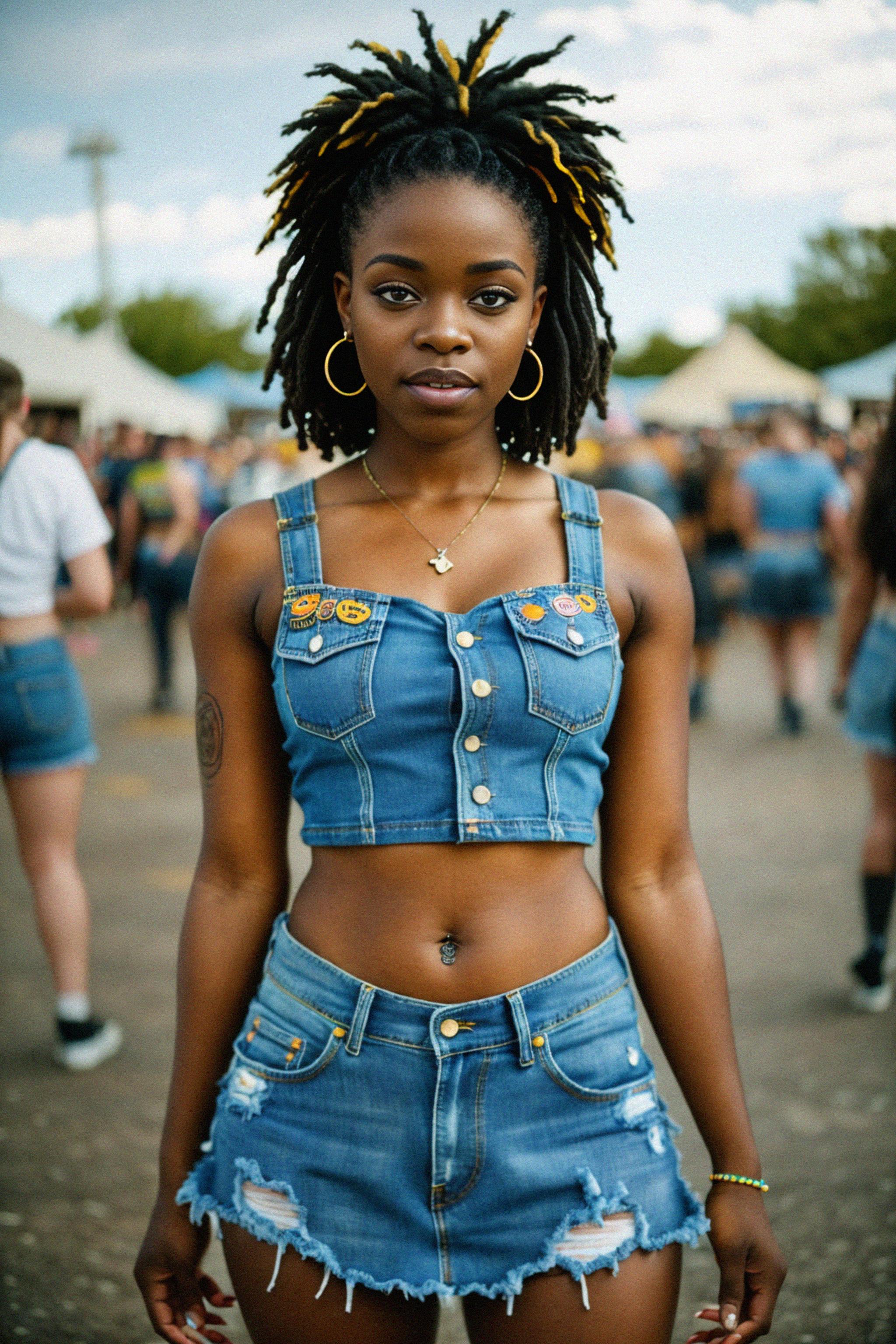 A woman in a crop top and denim skirt with festival patches embodying the D. 7572973 Royalty Free AI Photo Generator