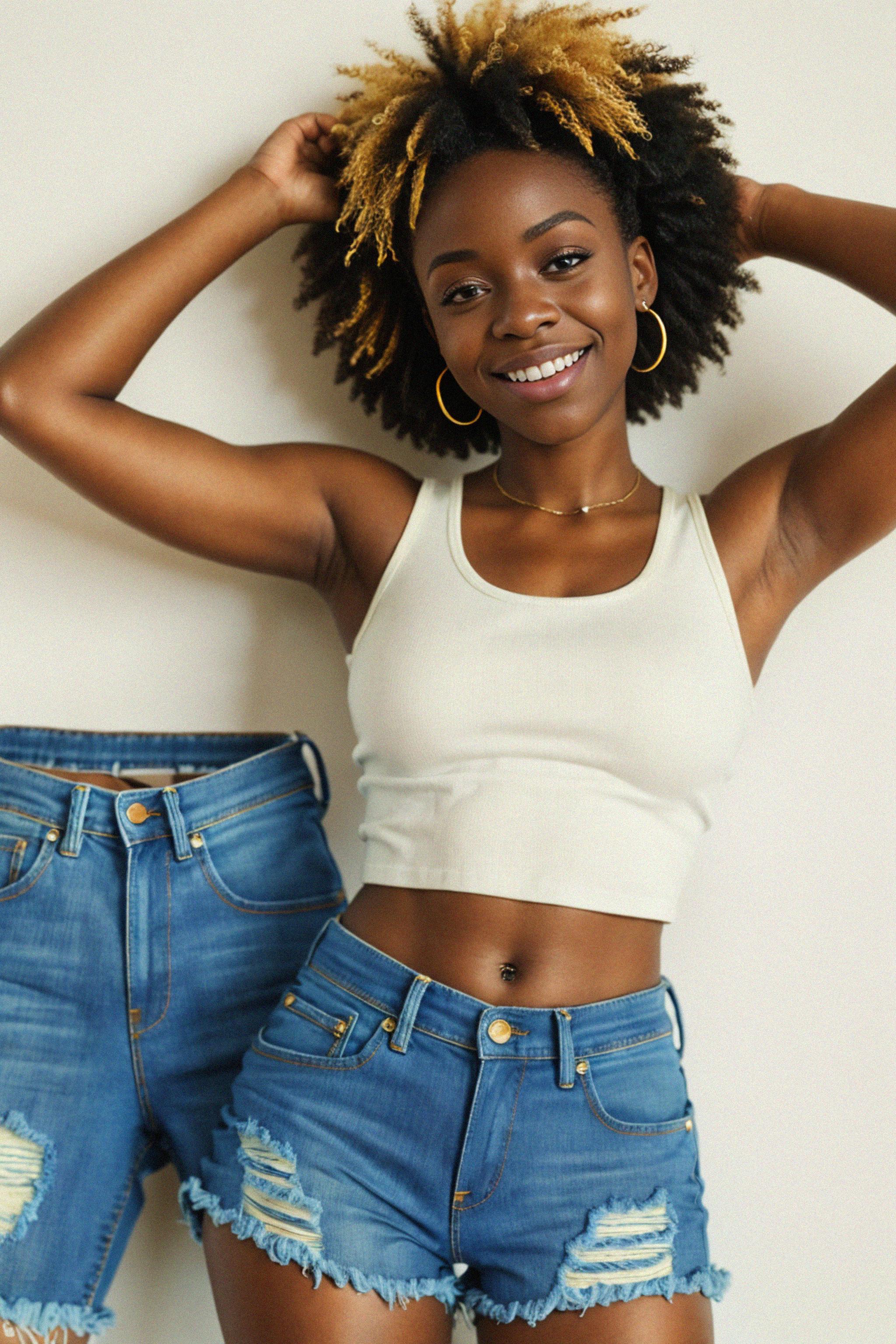 Smiling woman wearing crop top and denim shorts in try on fashion shoot for. 7573578 Royalty Free AI Photo Generator