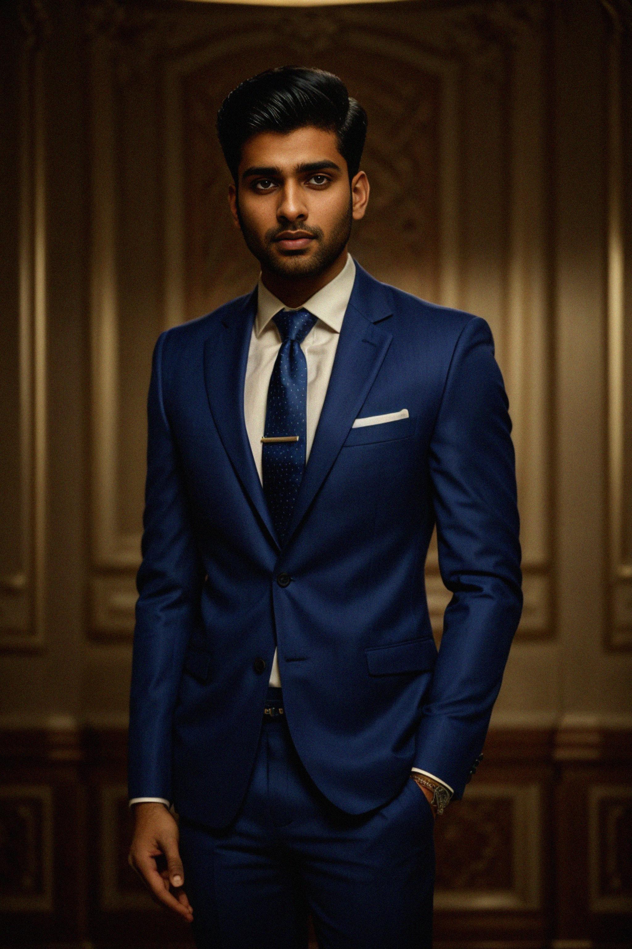 Handsome and stylish man wearing a classic navy blue suit with a crisp ...