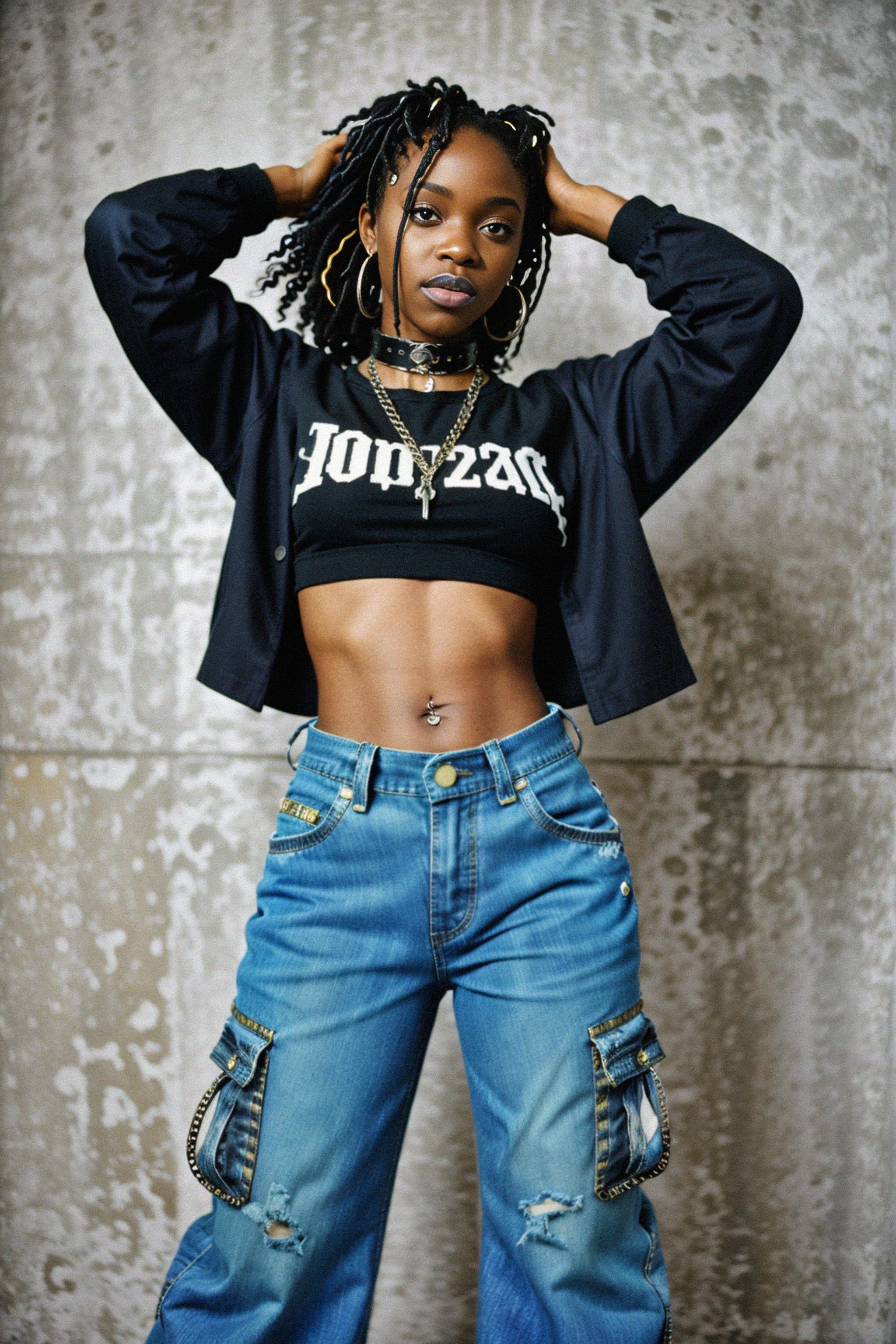 Woman wearing Y2K aesthetic, 2000s fashion, aughts style