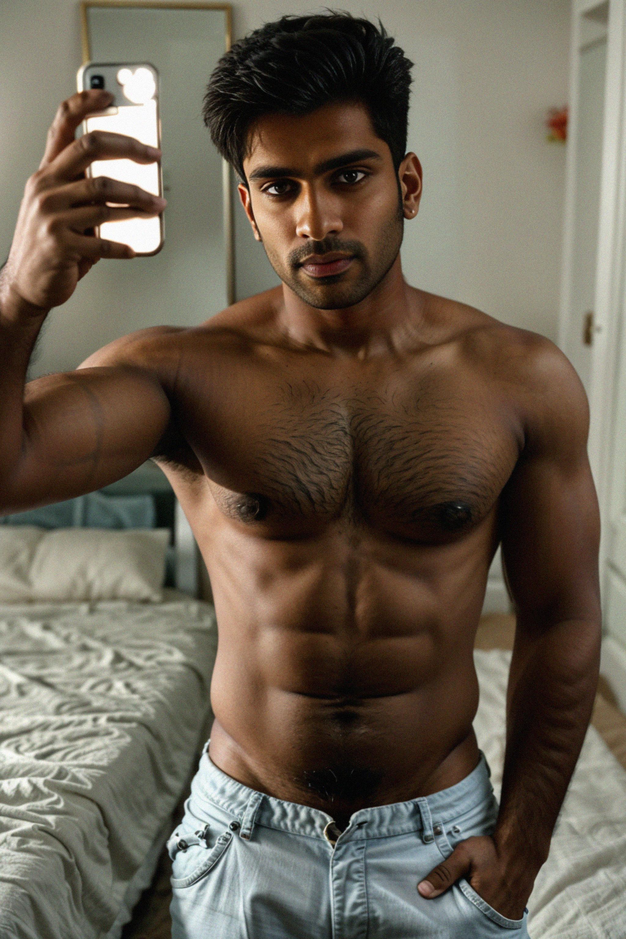  Beautiful man taking a selfie in bedroom mirror - #7724702 - Royalty ...
