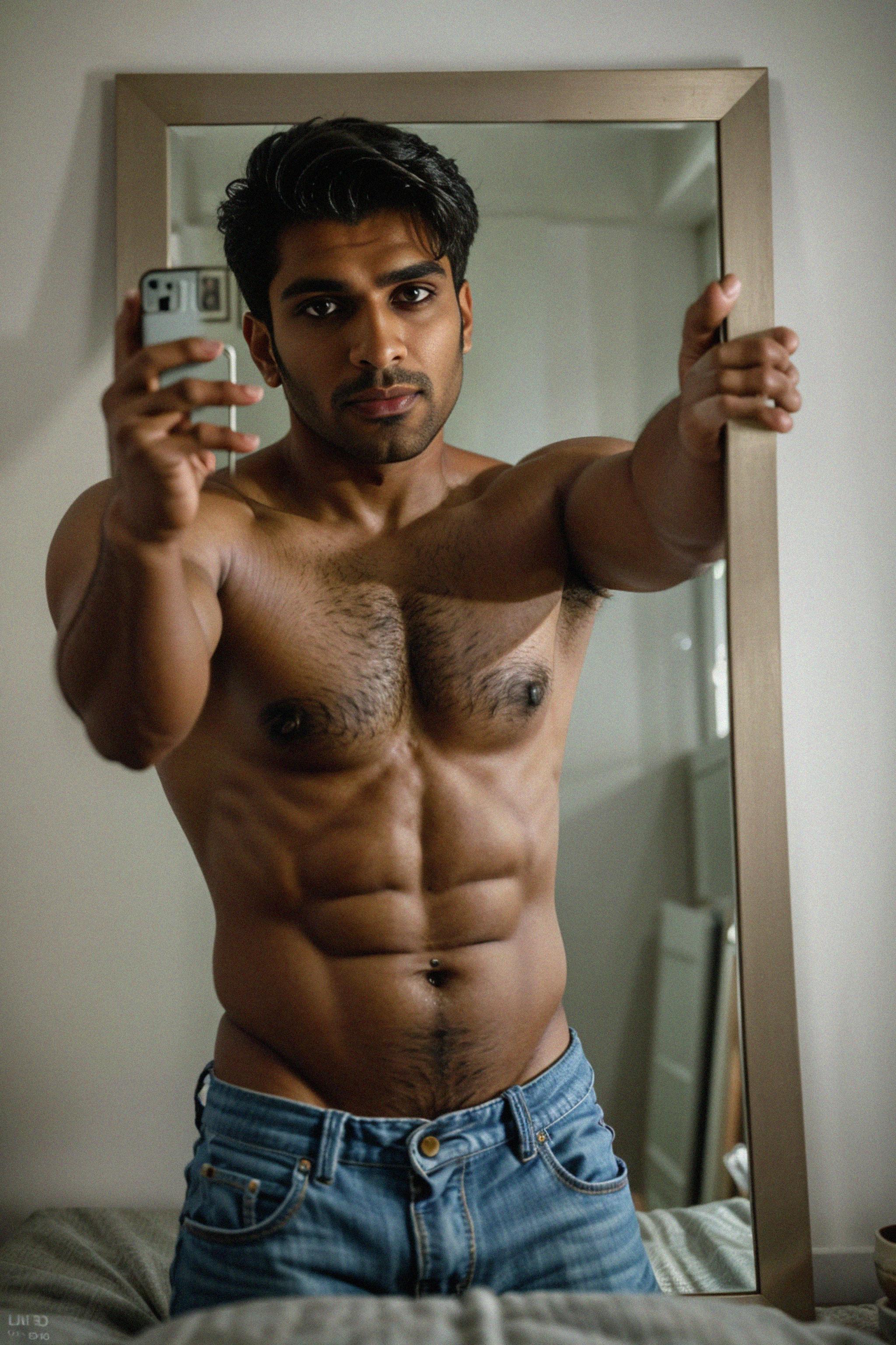  Beautiful man taking a selfie in bedroom mirror - #7724803 - Royalty ...