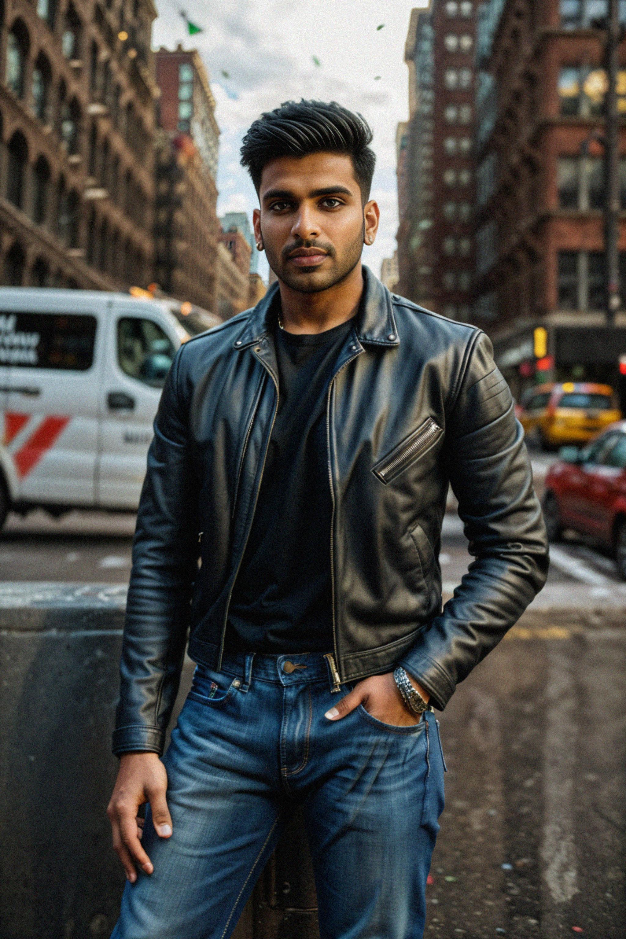 Sharp and trendy man in New York City wearing a leather jacket jeans and bo. 7725721 Royalty Free AI Photo Generator