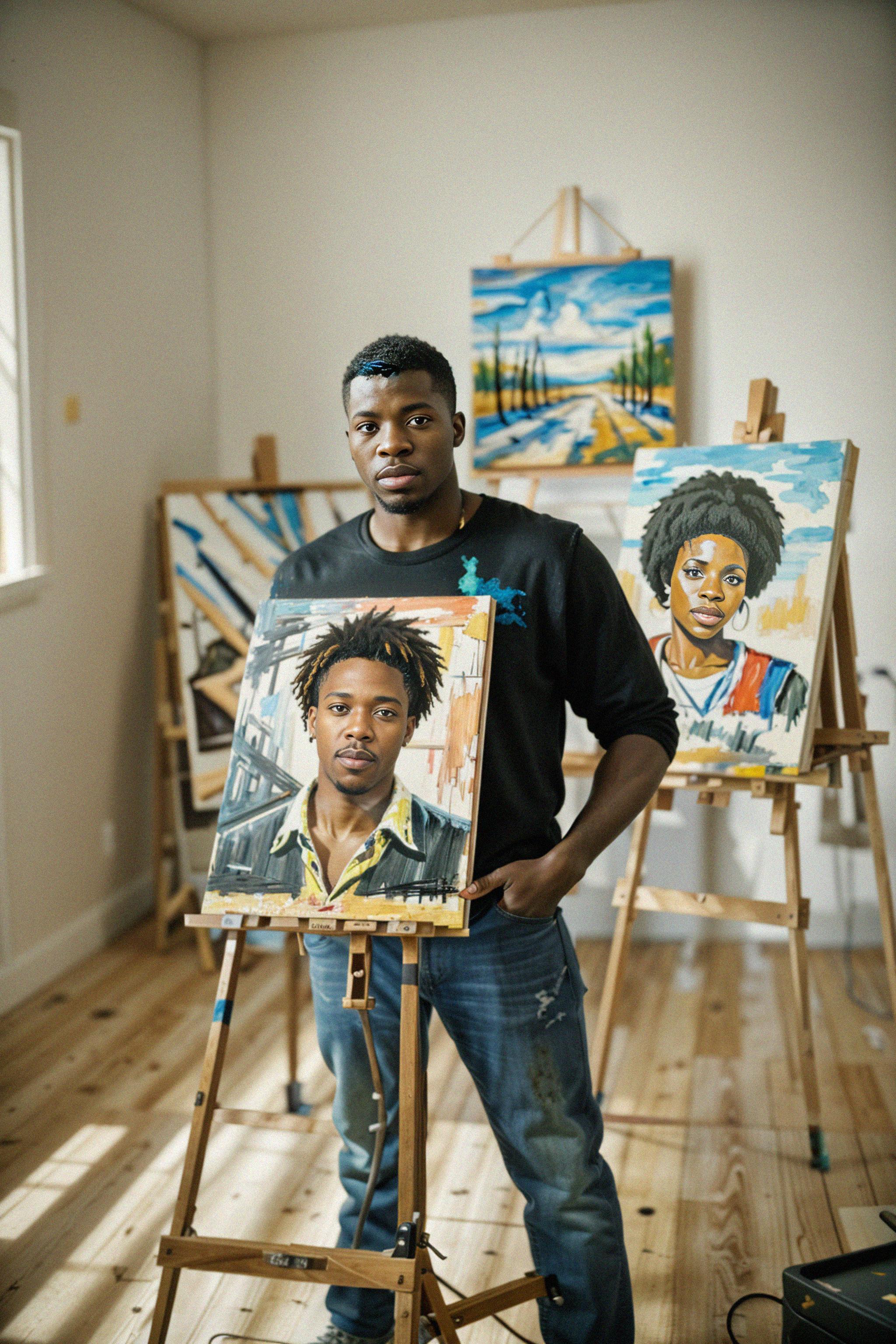 A man as artistic painter in art studio with wooden easel and paint ...