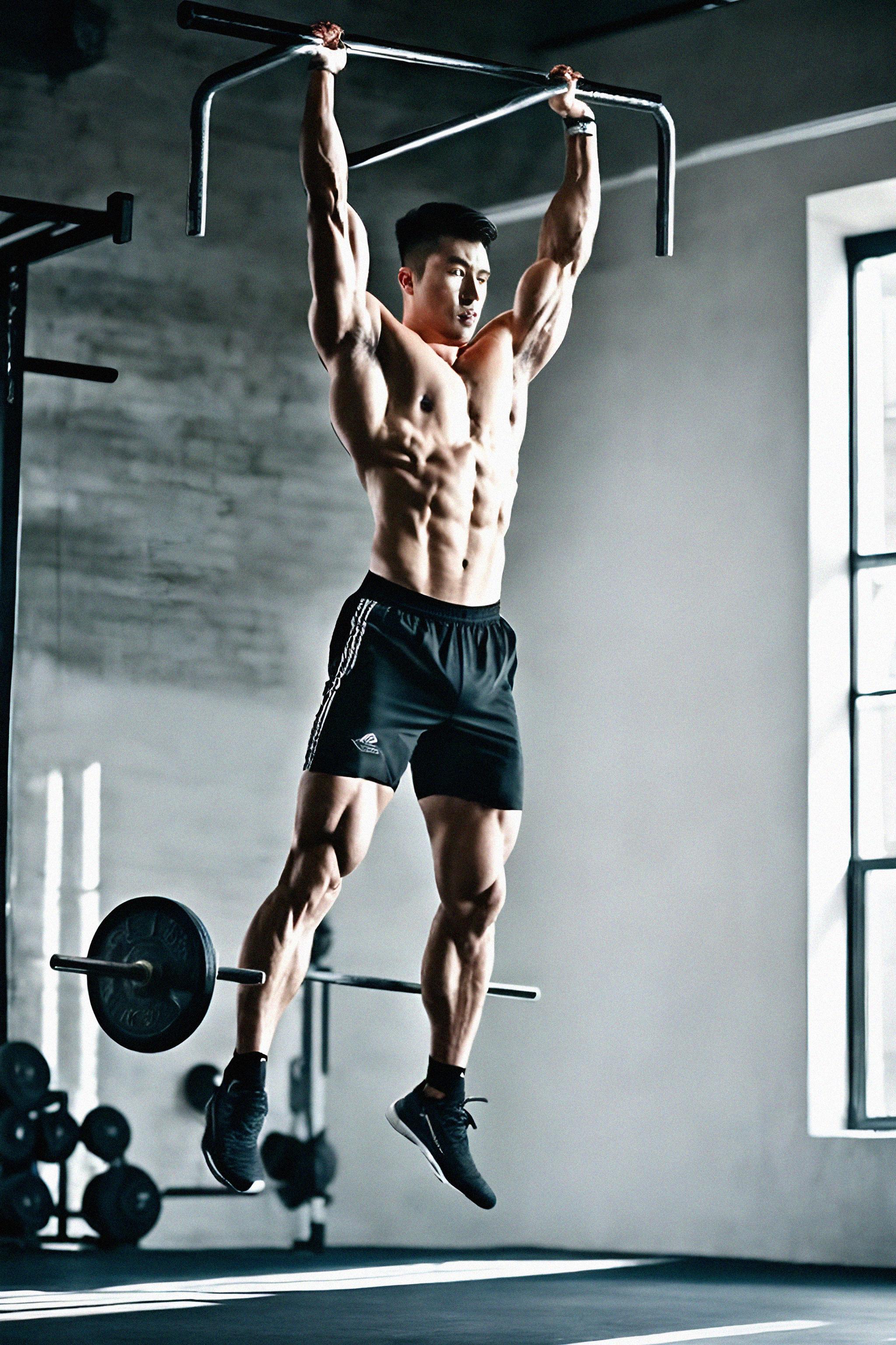 Masculine man doing pull ups in the gym showcasing upper body strength and. 8737003 Royalty Free AI Photo Generator