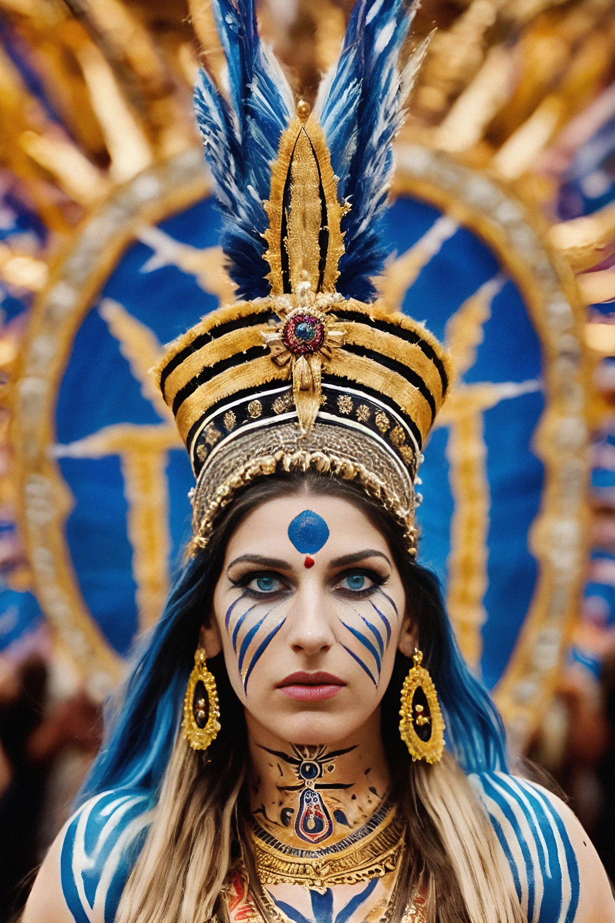 Woman engaged in a sacred ritual or ceremony, adorned with symbolic ...