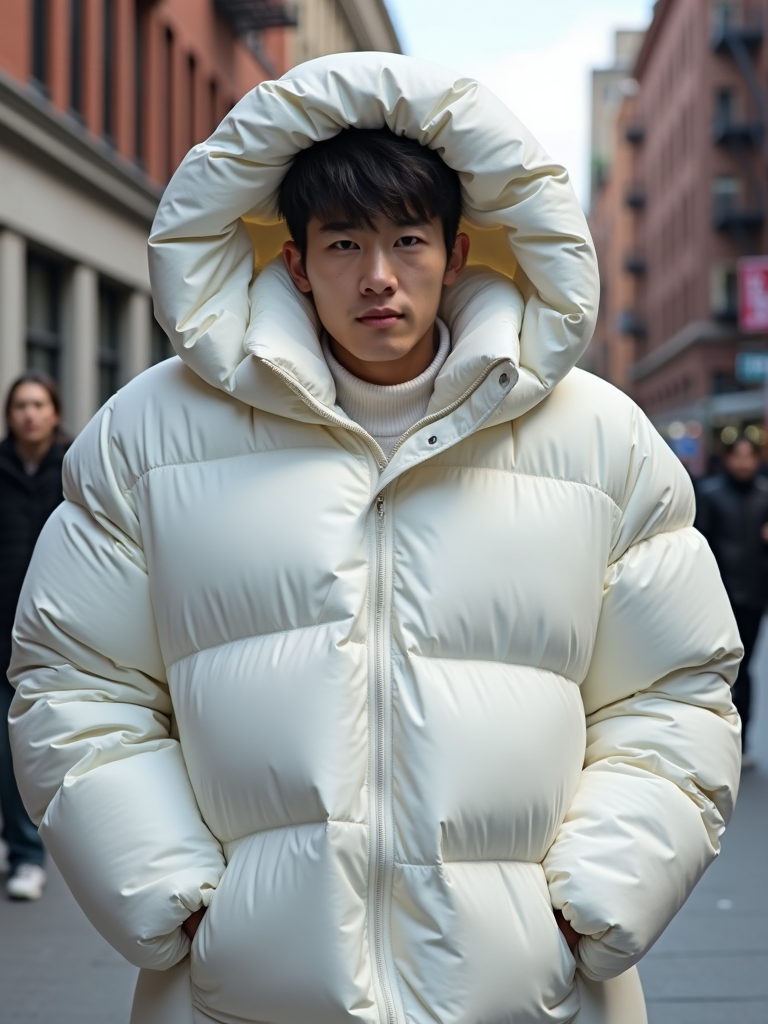 Man in a super big round white puffer closed coat with an exaggerated volumi. 12631631 Royalty Free AI Photo Generator