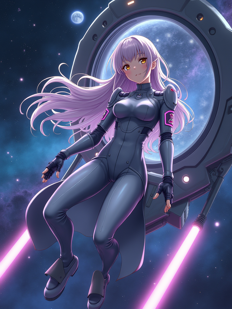 A dreamy anime space explorer, floating in a futuristic spaceship ...