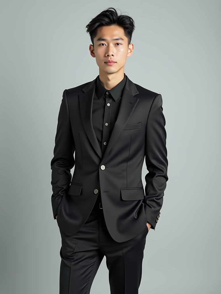 Full body photo of man is looking directly at the camera and has styled ...