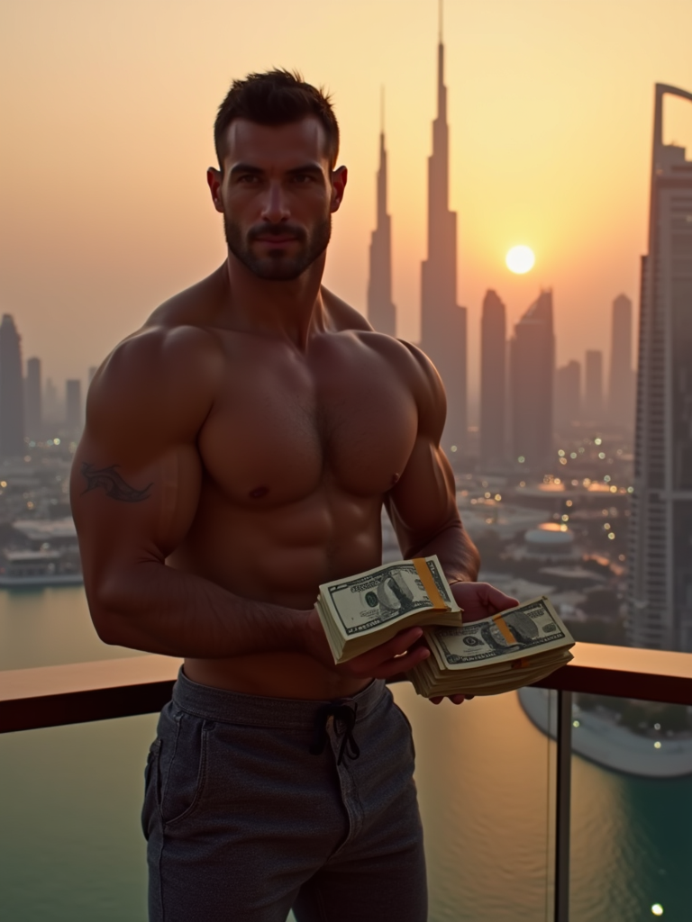 Super muscular man counting stacks of cash on a penthouse balcony ...
