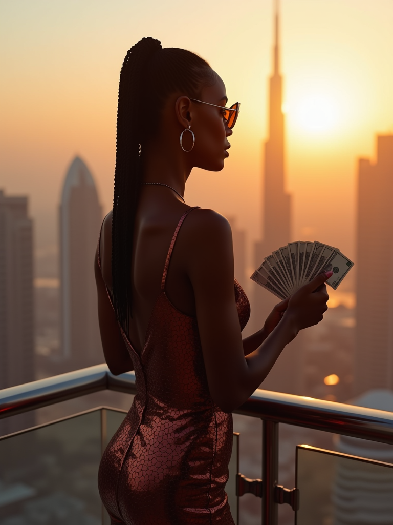 Beautiful woman woman counting stacks of cash on a penthouse balcony ...