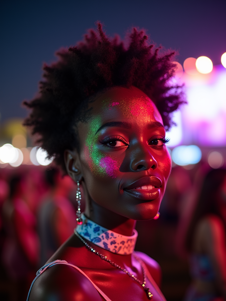 A woman with colorful festival makeup , standing out in the Coachella ...