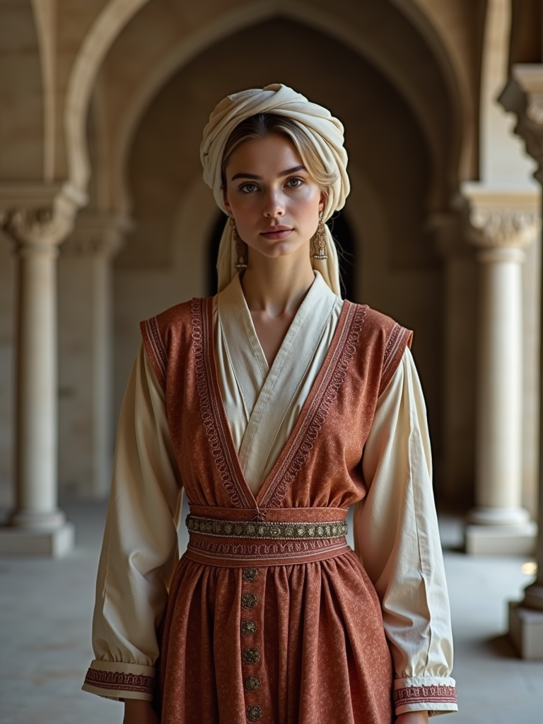 A woman in a traditional outfit with modern modest fashion elements ...