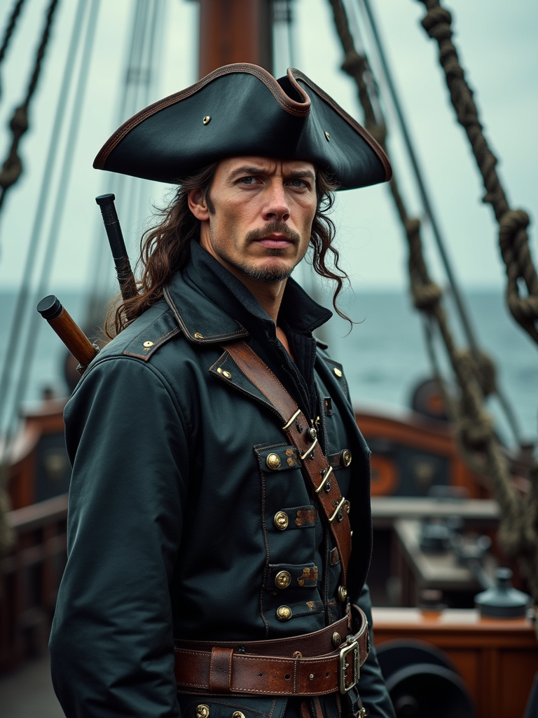Man as a pirate, on a ship deck set, wearing a rugged pirate with a ...