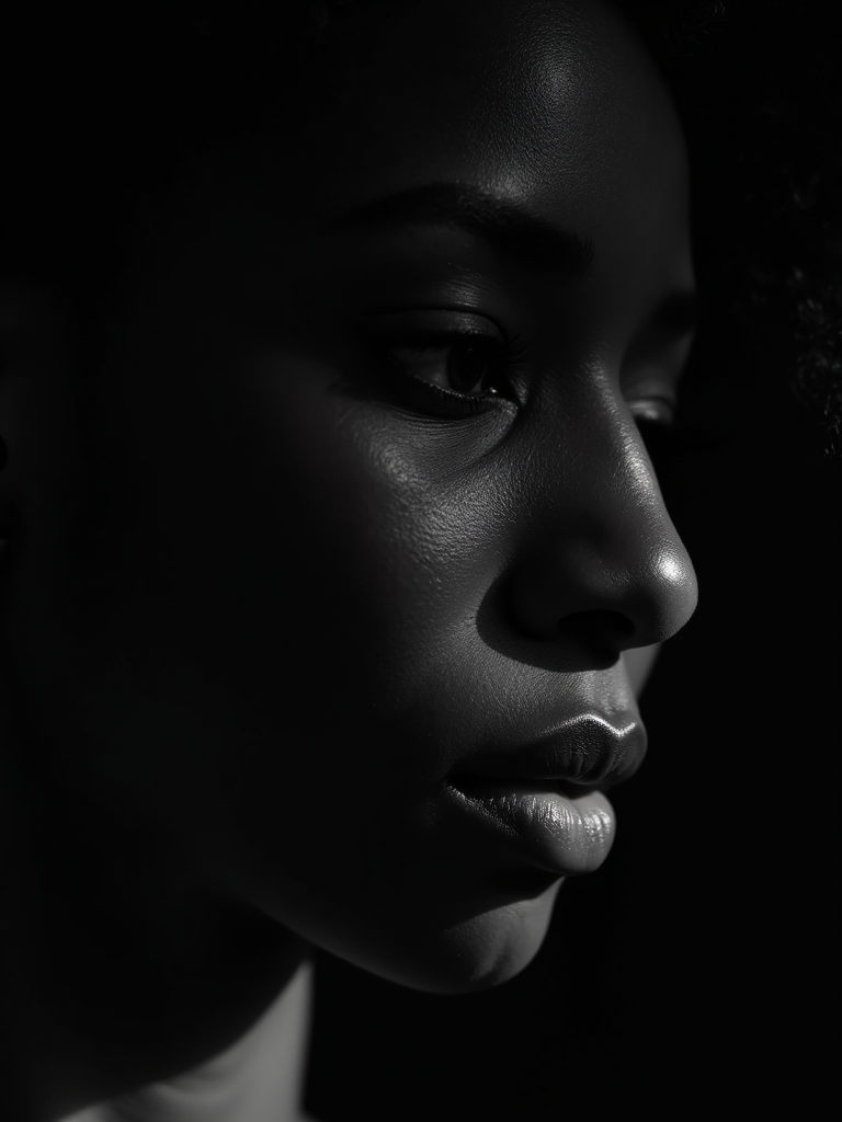 Black and white close-up portrait of woman with dramatic shadows ...