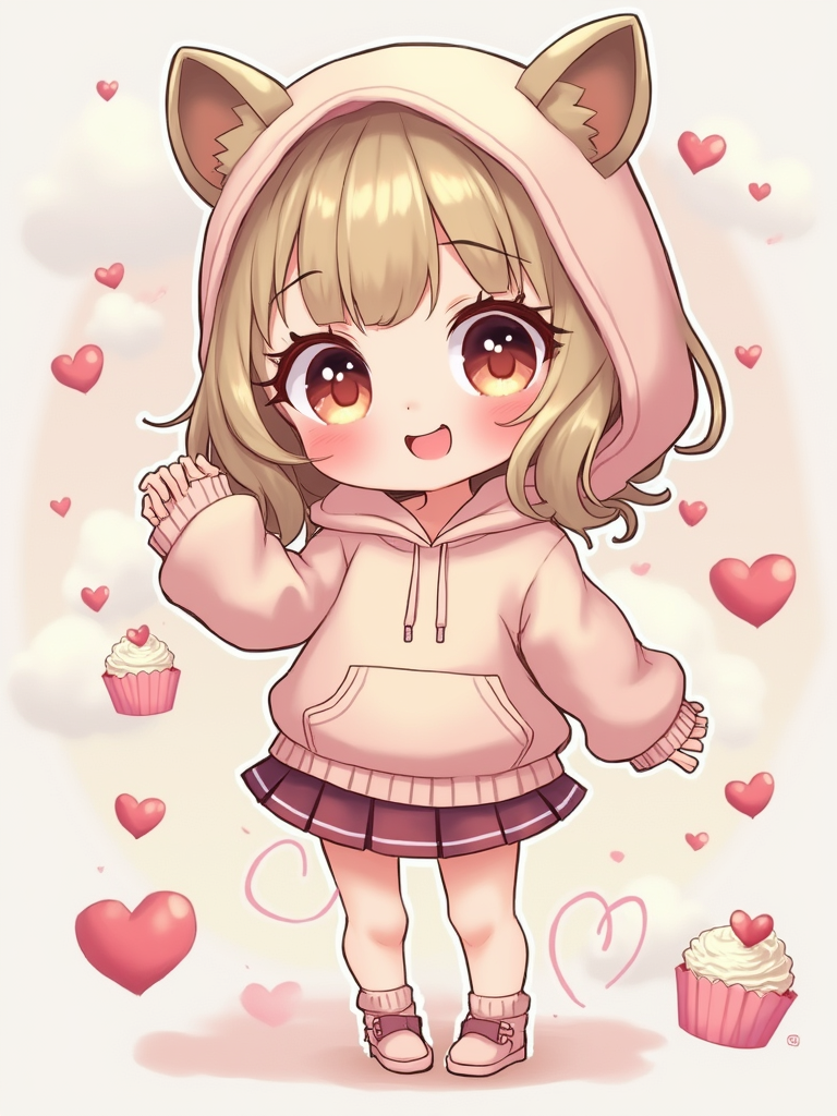A chibi version of the woman with huge sparkling eyes and a playful ...