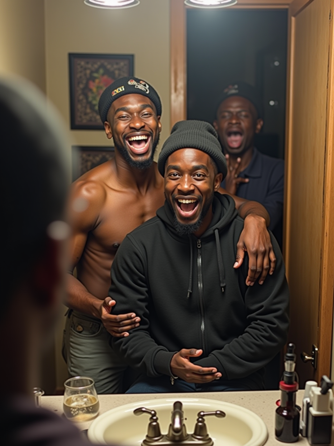 Camera flash overexposed, man in a cramped bathroom mirror selfie with