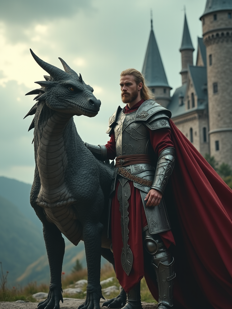 Man as a dragon rider warrior in fantasy armor standing next to a ...
