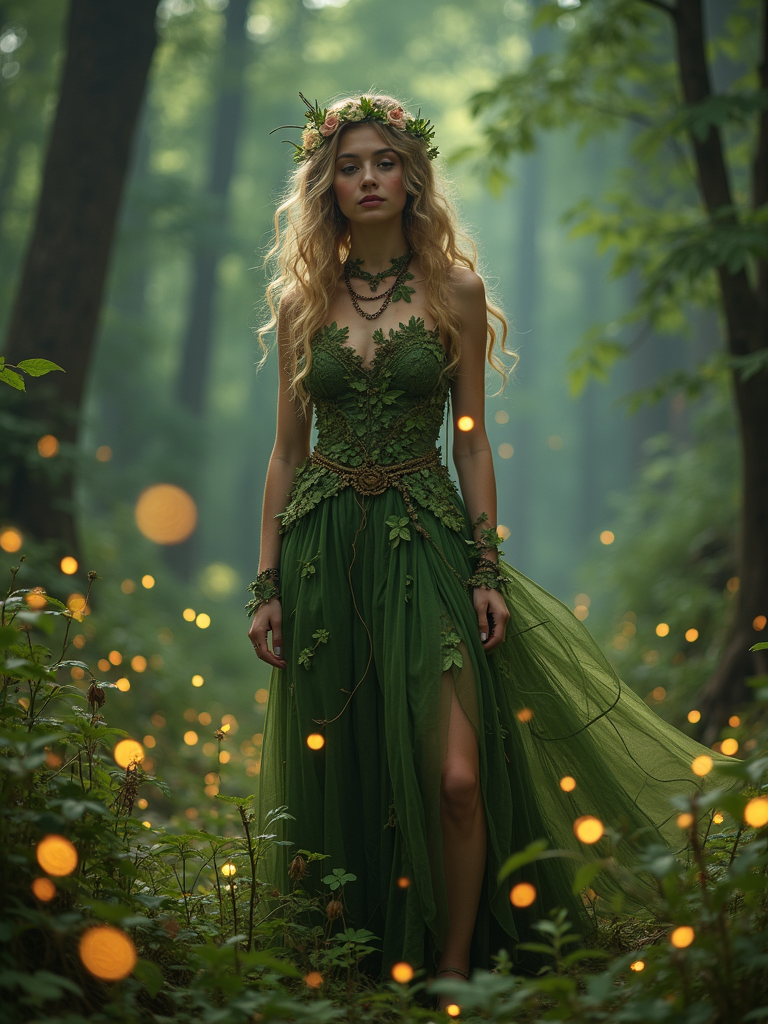 Woman as an enchanted forest guardian wearing a dress made of leaves ...