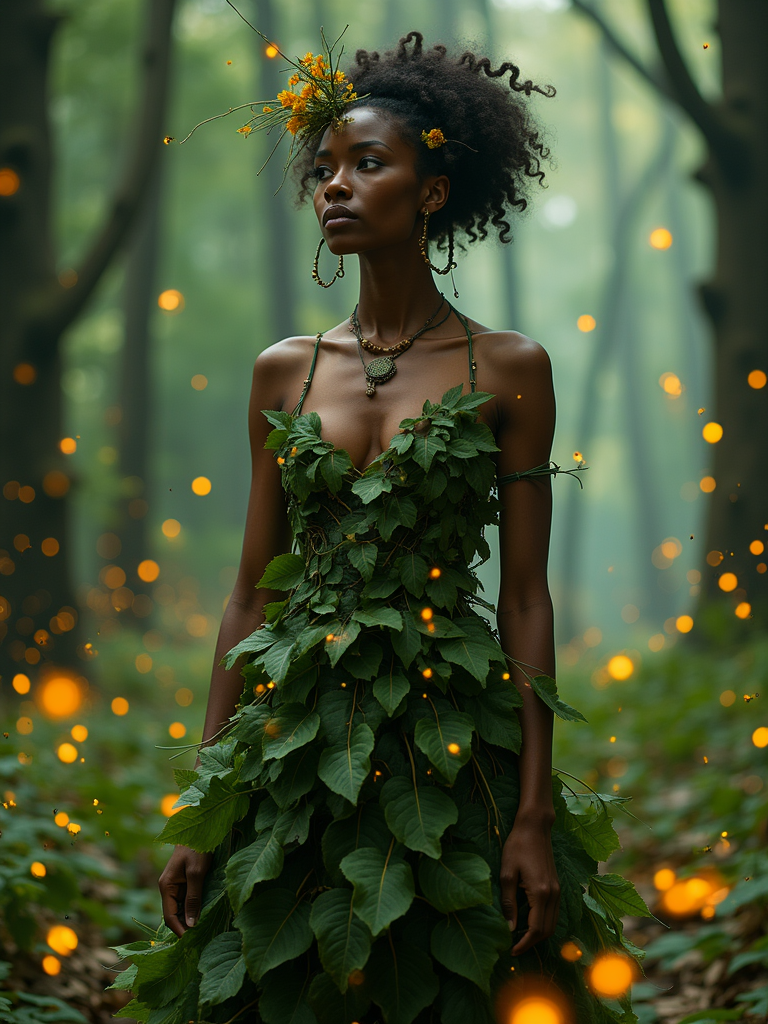 Woman As An Enchanted Forest Guardian Wearing A Dress Made Of Leaves woman-as-an-enchanted-forest-guardian-wearing-a-dress-made-of-leaves