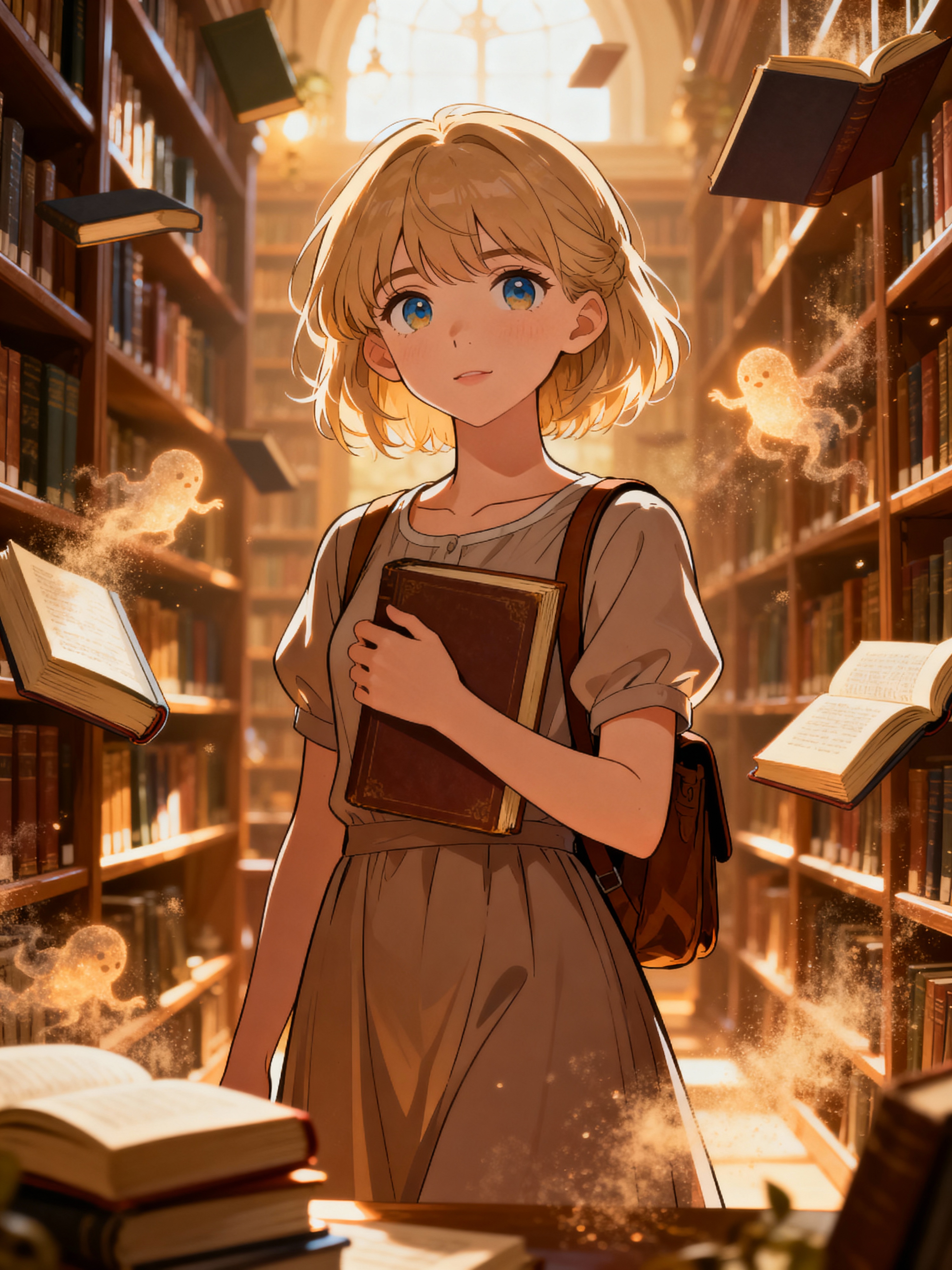 A cozy line art anime portrait in a magical library, with woman as the ...