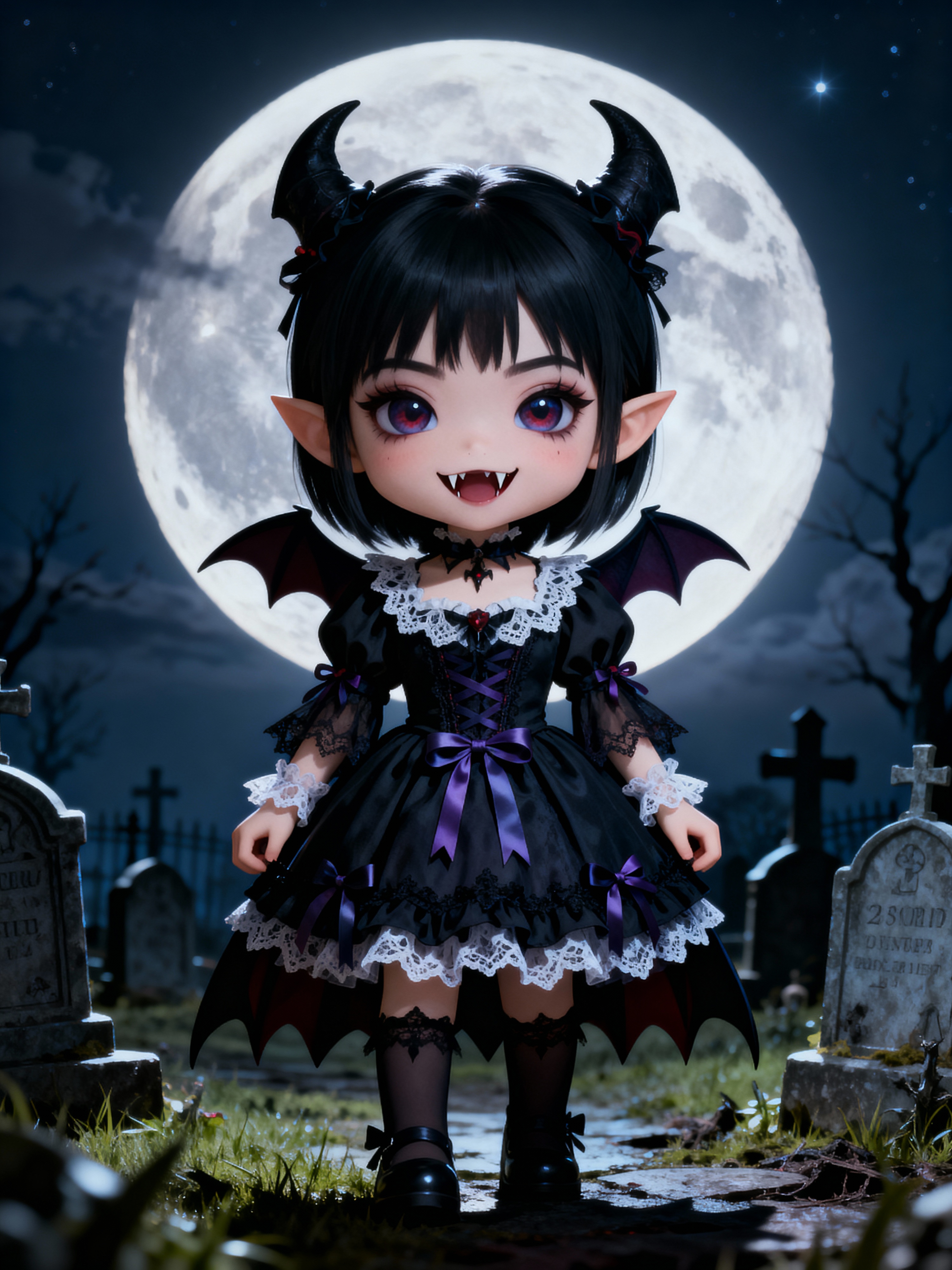 The woman as a chibi vampire with tiny fangs and a mischievous smile ...
