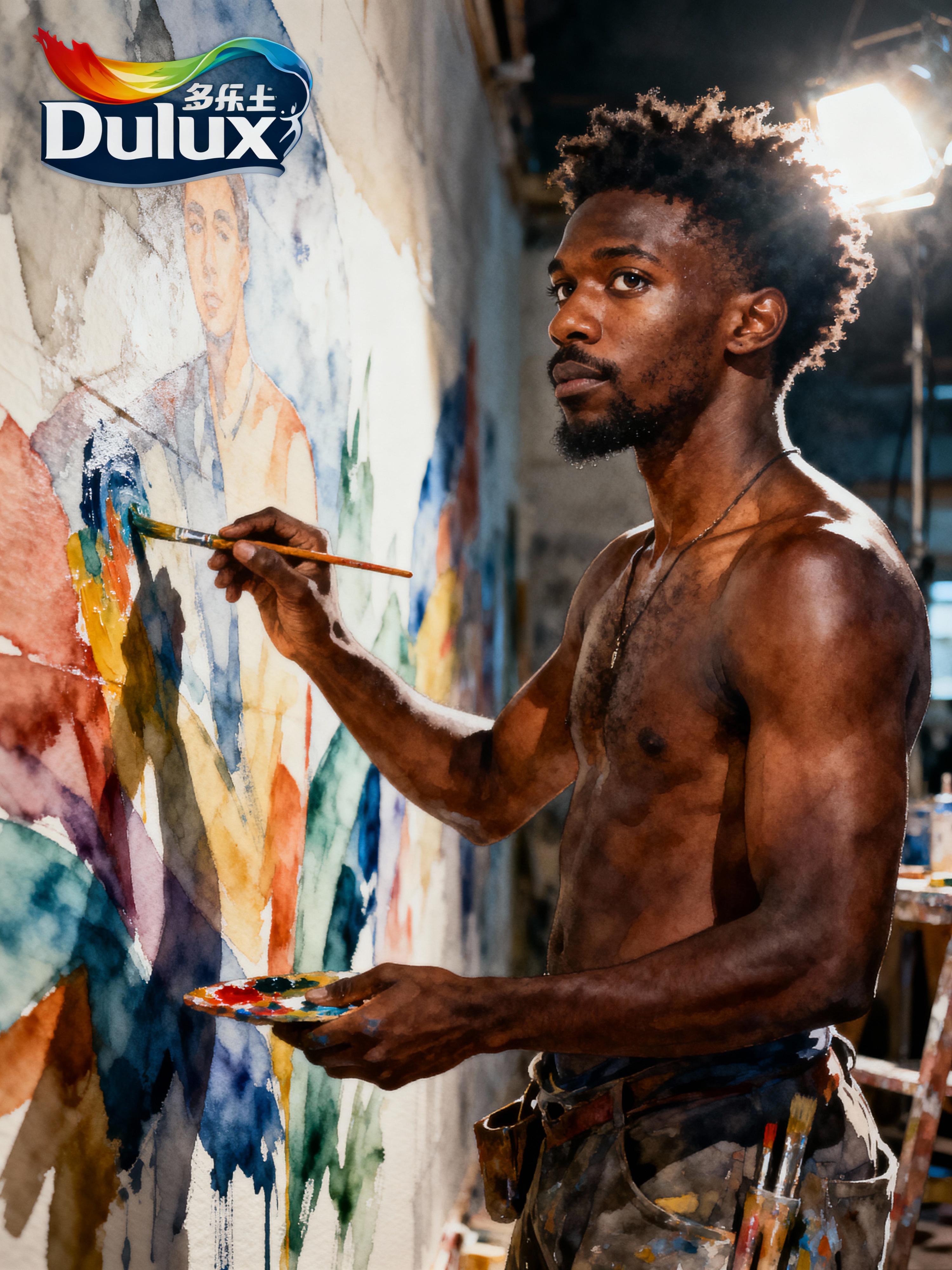 Man as water color on paper, master painter painting a mural, highly ...