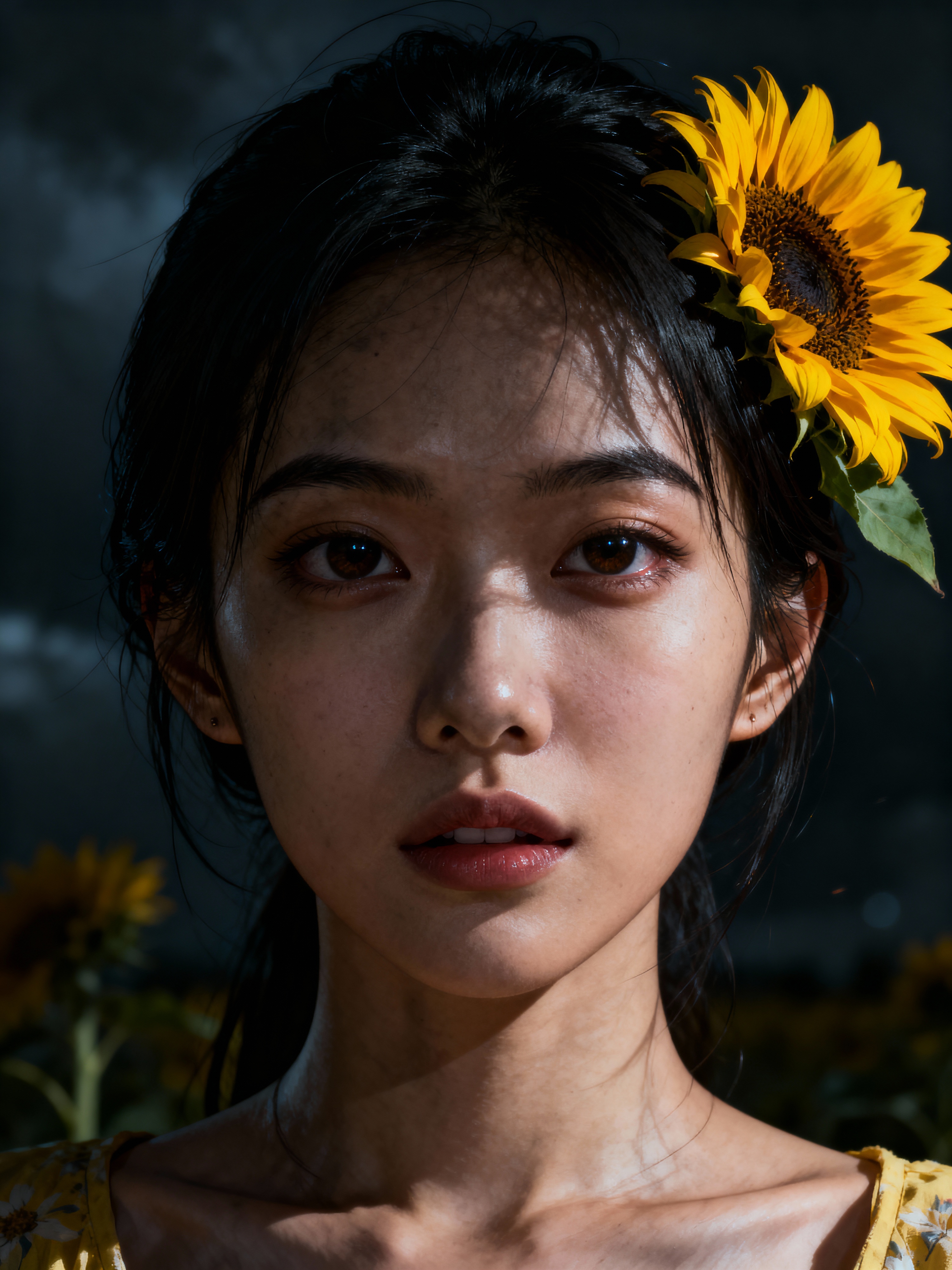 Close face shot of a woman with a sunflower in hair, summer season ...