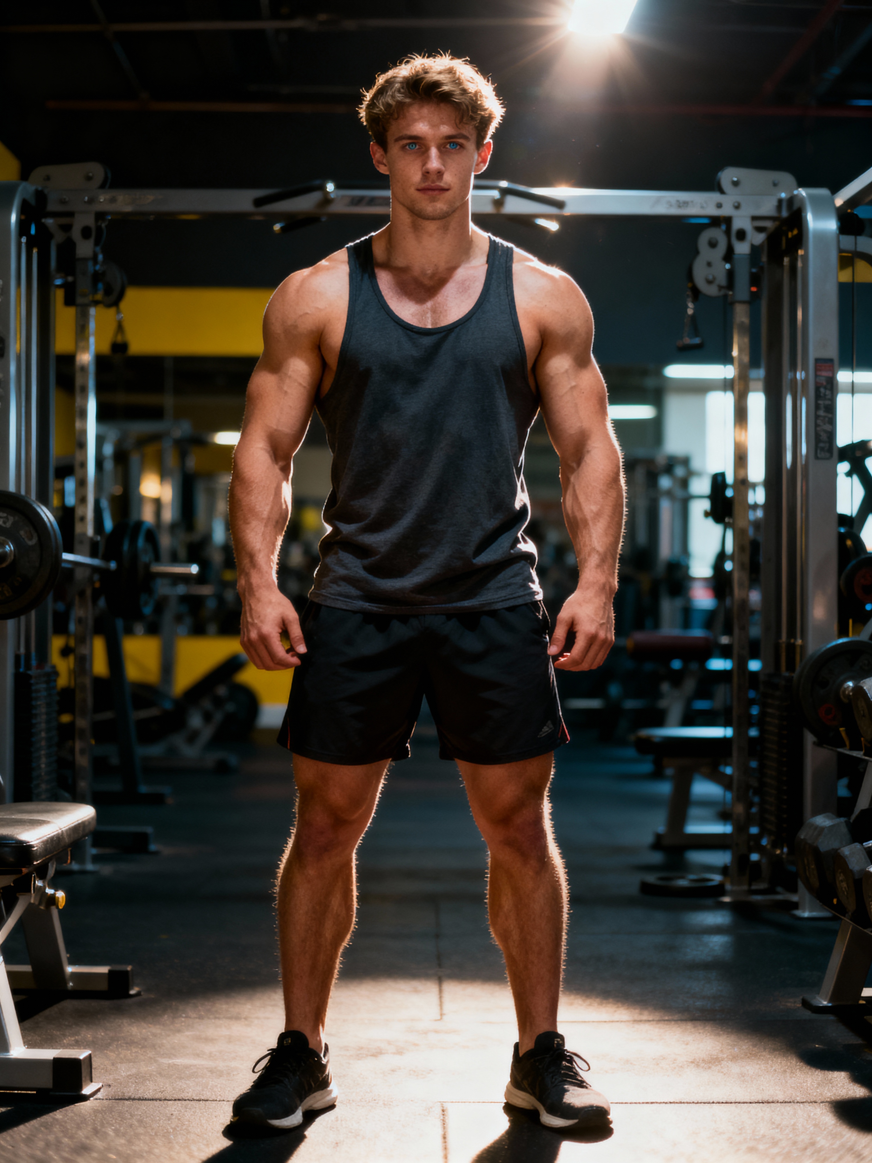 A fit man as fitness influencer wearing tank top and gym shorts in the ...