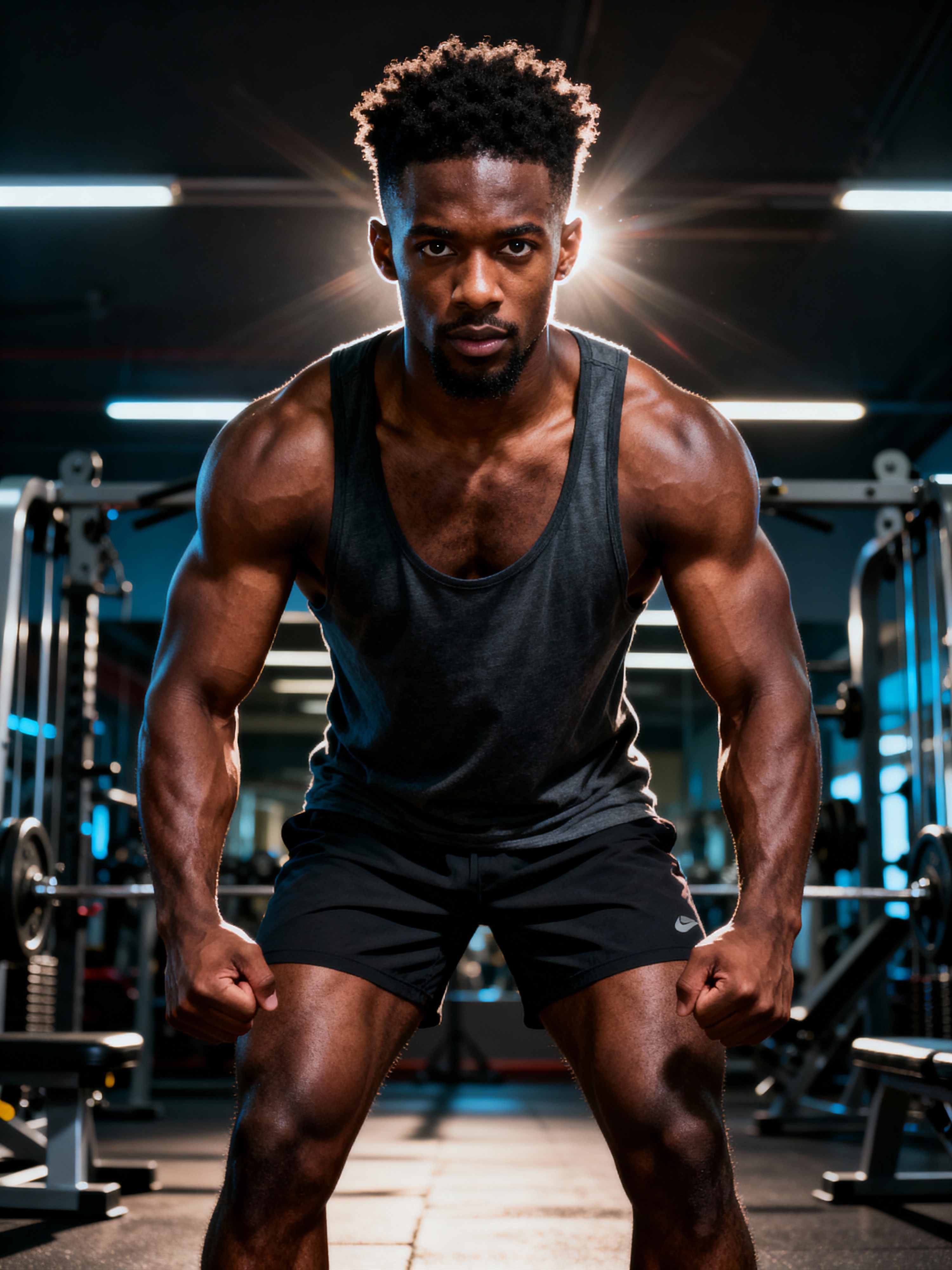 A fit man as fitness influencer wearing tank top and gym shorts in the ...